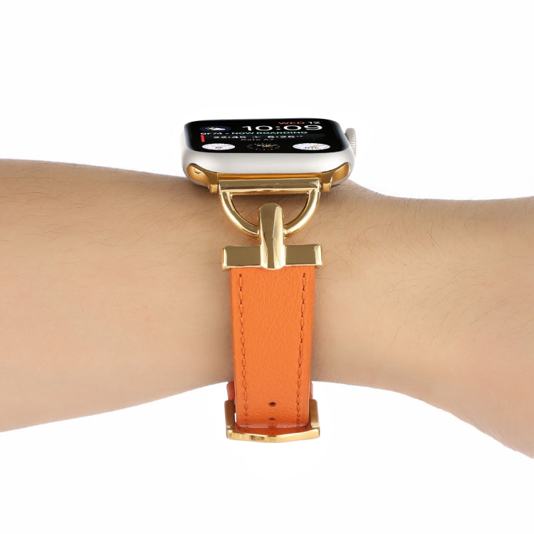 For Apple Watch Ultra 49mm&Watch Ultra 2 49mm / Series 9&8&7 45mm / SE 3&SE 2&6&SE&5&4 44mm / 3&2&1 42mm D-Buckle Plain Genuine Leather Watch Band(Orange) by buy2fix