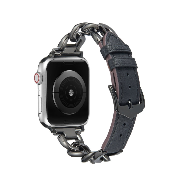 Chain + Leather Watch Band For Apple Watch Series 9&8&7 41mm / SE 3&SE 2&6&SE&5&4 40mm / 3&2&1 38mm (Black+Black) by buy2fix
