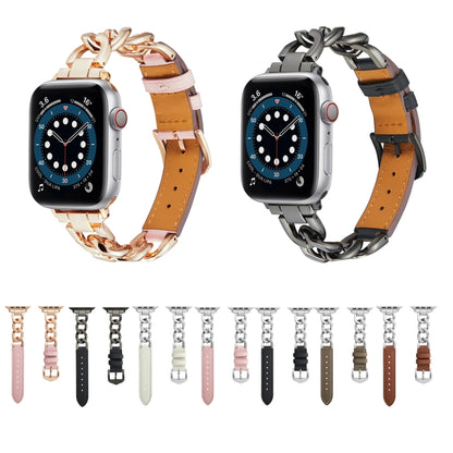 Chain + Leather Watch Band For Apple Watch Series 9&8&7 41mm / SE 3&SE 2&6&SE&5&4 40mm / 3&2&1 38mm (Black+Black) by buy2fix