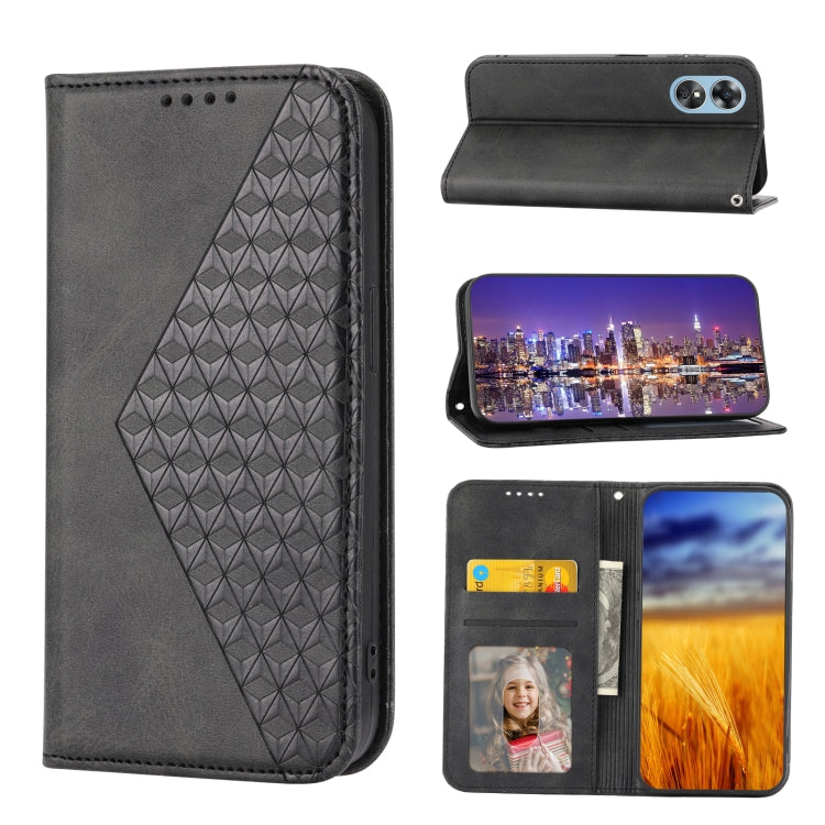 For OPPO Reno8 T 4G Global Cubic Grid Calf Texture Magnetic Leather Phone Case(Black) by buy2fix