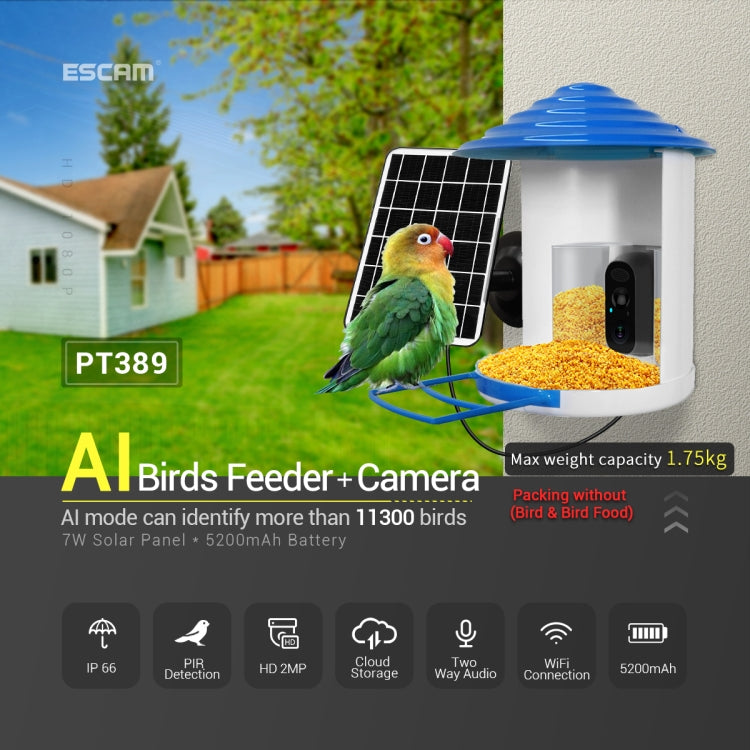 ESCAM PT389 IP66 Waterproof 2MP PIR Motion Detection Two-way Audio Night Vision WiFi Camera with AI Bird Recognition Bird Watching House - Wireless Camera by ESCAM | Online Shopping UK | buy2fix