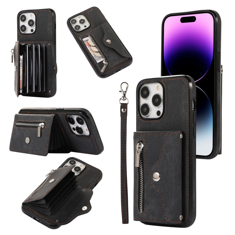 For iPhone 14 Zipper RFID Card Slot Phone Case with Short Lanyard(Black) - iPhone 14 Cases by buy2fix | Online Shopping UK | buy2fix