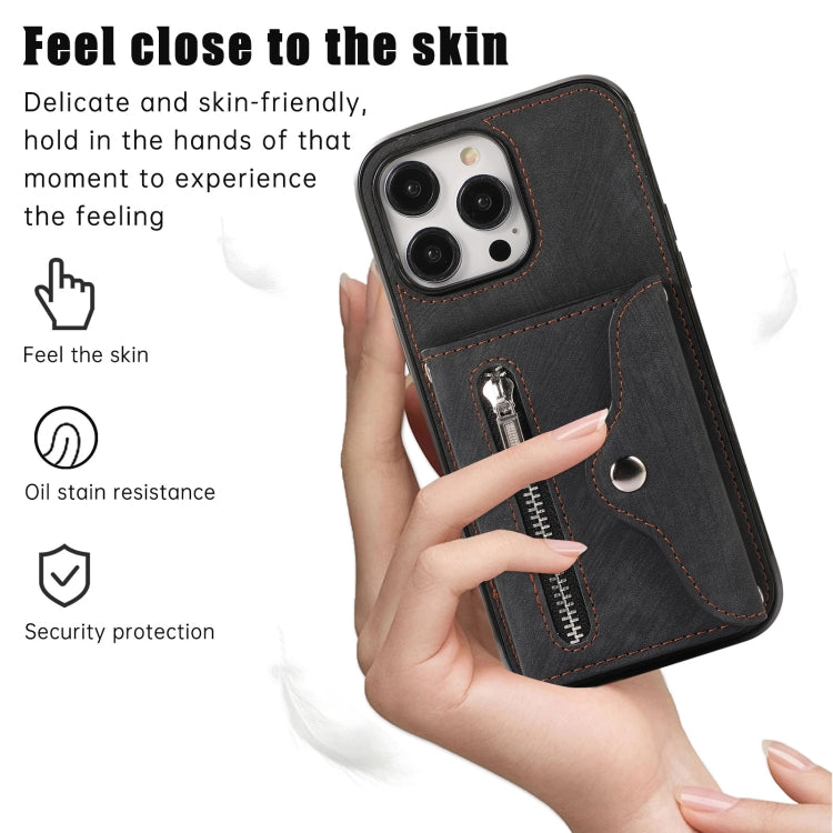 For iPhone 14 Zipper RFID Card Slot Phone Case with Short Lanyard(Black) - iPhone 14 Cases by buy2fix | Online Shopping UK | buy2fix