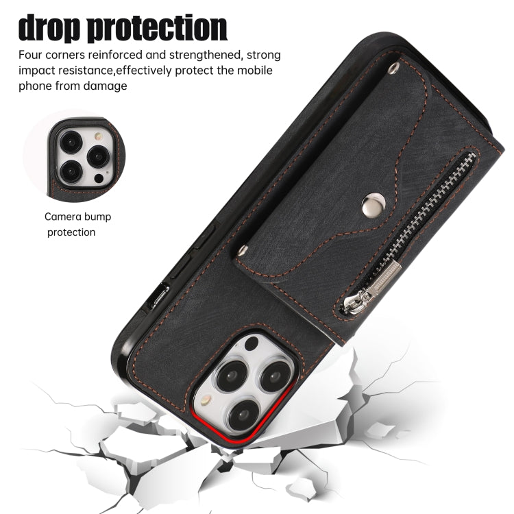 For iPhone 14 Zipper RFID Card Slot Phone Case with Short Lanyard(Black) - iPhone 14 Cases by buy2fix | Online Shopping UK | buy2fix
