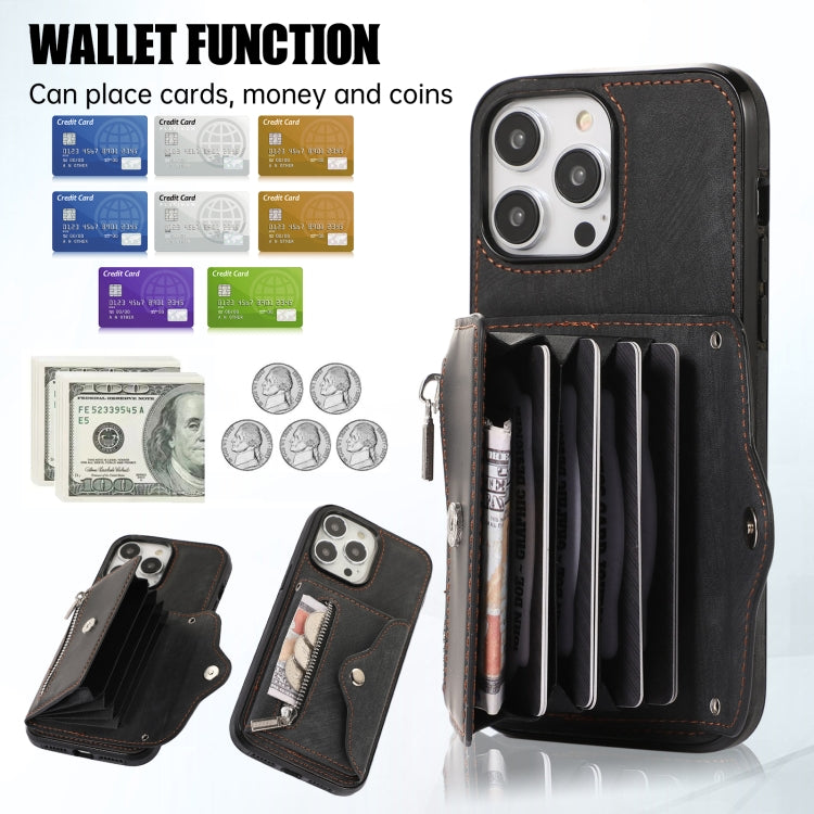 For iPhone 14 Zipper RFID Card Slot Phone Case with Short Lanyard(Black) - iPhone 14 Cases by buy2fix | Online Shopping UK | buy2fix
