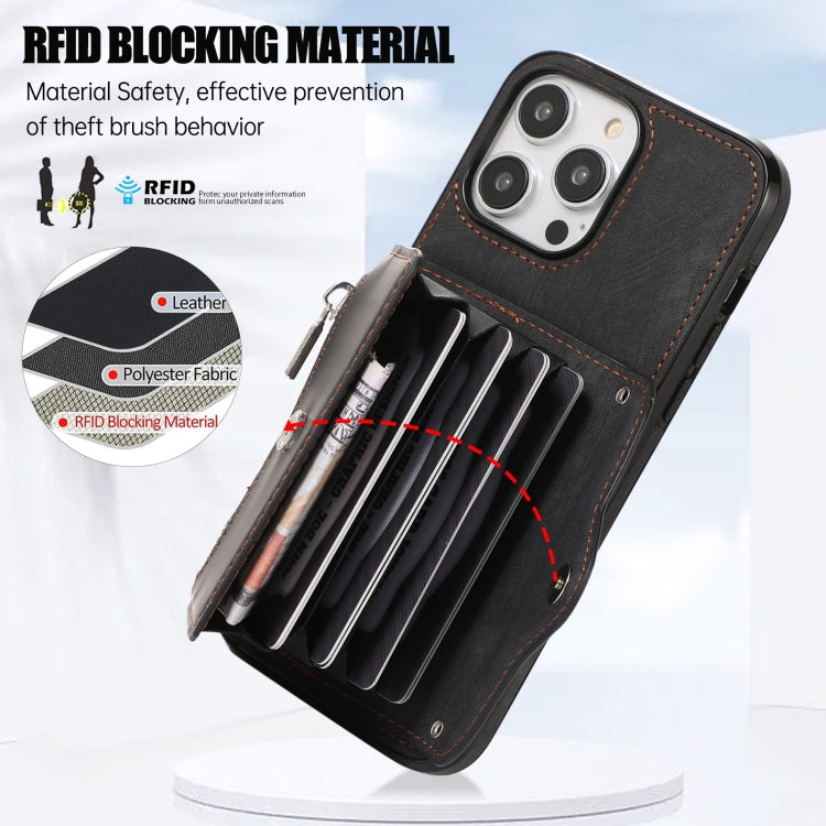 For iPhone 14 Zipper RFID Card Slot Phone Case with Short Lanyard(Black) - iPhone 14 Cases by buy2fix | Online Shopping UK | buy2fix