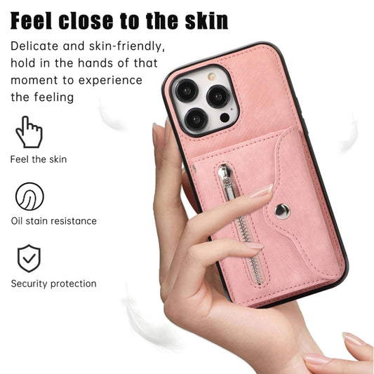 For iPhone 14 Plus Zipper RFID Card Slot Phone Case with Short Lanyard(Rose Gold) - iPhone 14 Plus Cases by buy2fix | Online Shopping UK | buy2fix