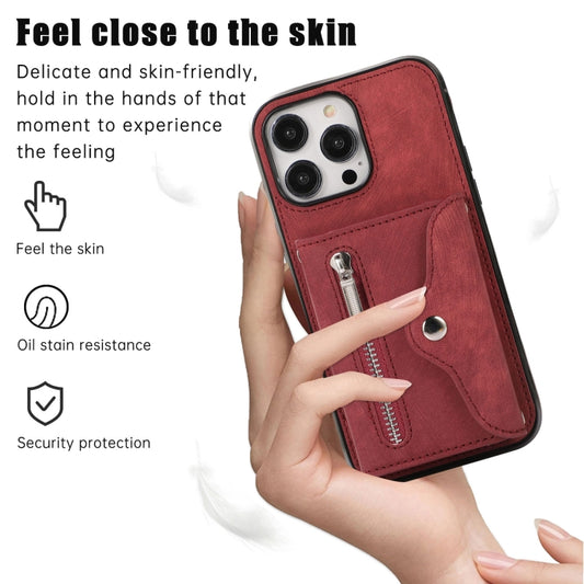 For iPhone 14 Plus Zipper RFID Card Slot Phone Case with Short Lanyard(Red) - iPhone 14 Plus Cases by buy2fix | Online Shopping UK | buy2fix
