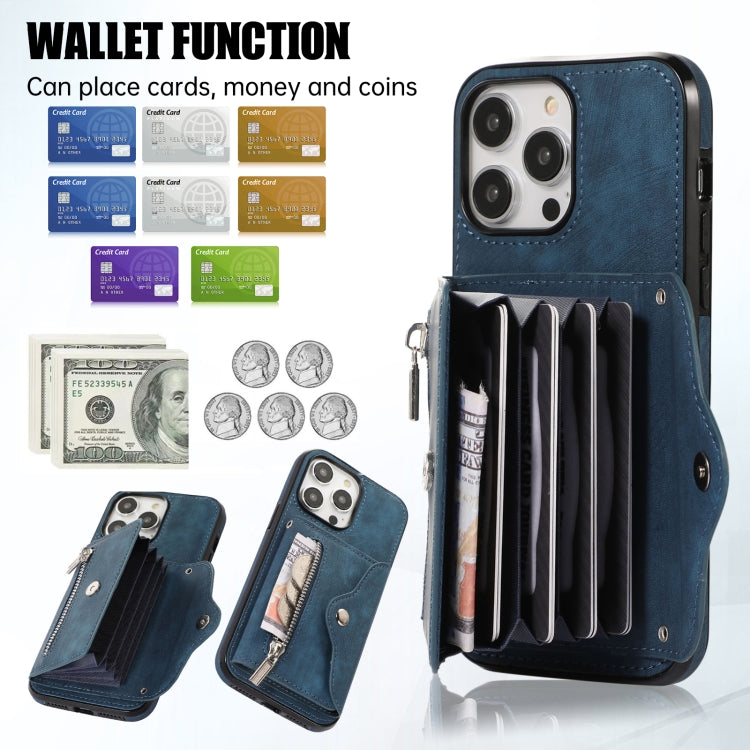 For iPhone 14 Plus Zipper RFID Card Slot Phone Case with Short Lanyard(Blue) - iPhone 14 Plus Cases by buy2fix | Online Shopping UK | buy2fix