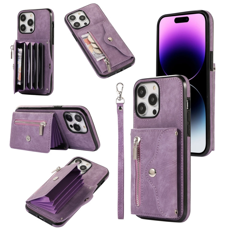For iPhone 14 Plus Zipper RFID Card Slot Phone Case with Short Lanyard(Purple) - iPhone 14 Plus Cases by buy2fix | Online Shopping UK | buy2fix