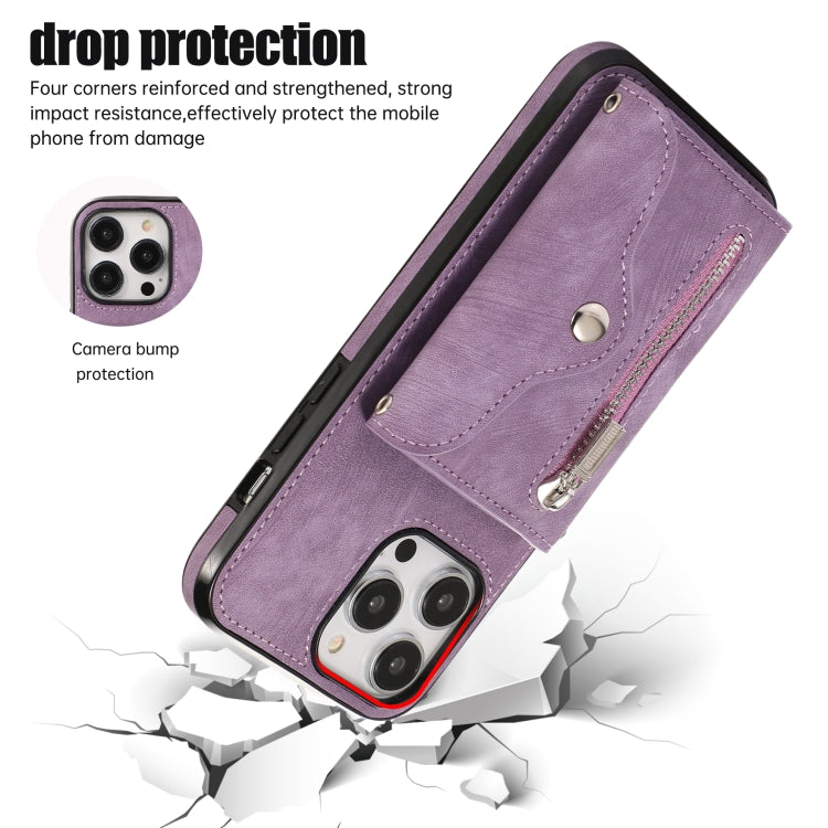 For iPhone 14 Plus Zipper RFID Card Slot Phone Case with Short Lanyard(Purple) - iPhone 14 Plus Cases by buy2fix | Online Shopping UK | buy2fix
