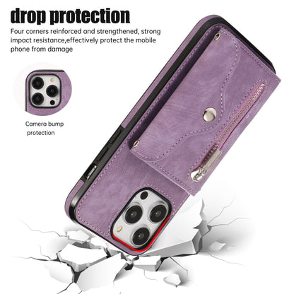 For iPhone 14 Plus Zipper RFID Card Slot Phone Case with Short Lanyard(Purple) - iPhone 14 Plus Cases by buy2fix | Online Shopping UK | buy2fix