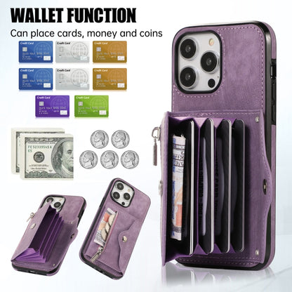 For iPhone 14 Plus Zipper RFID Card Slot Phone Case with Short Lanyard(Purple) - iPhone 14 Plus Cases by buy2fix | Online Shopping UK | buy2fix