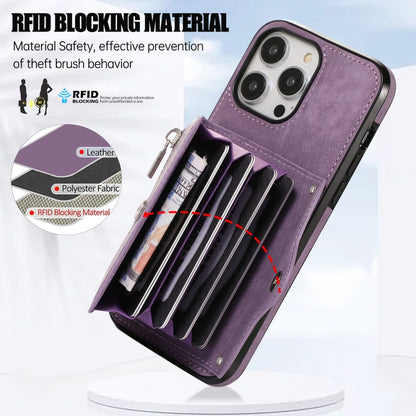 For iPhone 14 Plus Zipper RFID Card Slot Phone Case with Short Lanyard(Purple) - iPhone 14 Plus Cases by buy2fix | Online Shopping UK | buy2fix