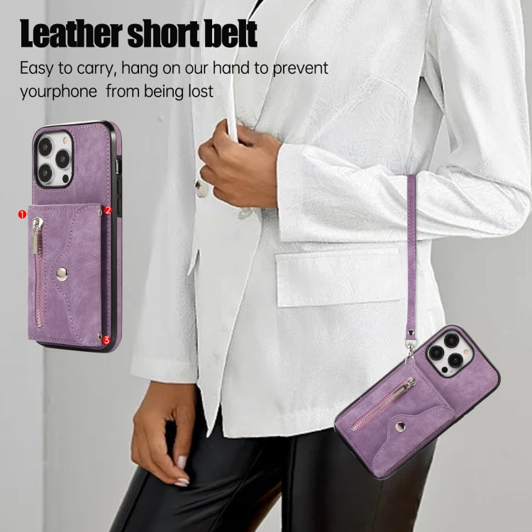 For iPhone 14 Plus Zipper RFID Card Slot Phone Case with Short Lanyard(Purple) - iPhone 14 Plus Cases by buy2fix | Online Shopping UK | buy2fix