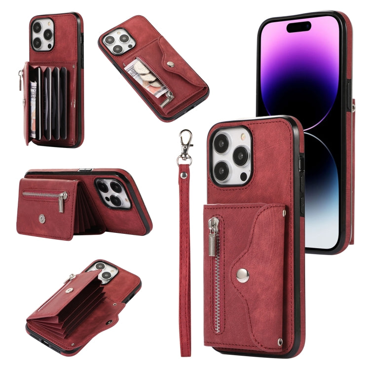 For iPhone 14 Pro Zipper RFID Card Slot Phone Case with Short Lanyard(Red) - iPhone 14 Pro Cases by buy2fix | Online Shopping UK | buy2fix