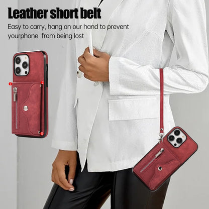 For iPhone 14 Pro Zipper RFID Card Slot Phone Case with Short Lanyard(Red) - iPhone 14 Pro Cases by buy2fix | Online Shopping UK | buy2fix
