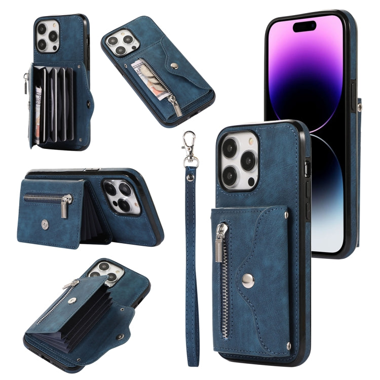For iPhone 14 Pro Zipper RFID Card Slot Phone Case with Short Lanyard(Blue) - iPhone 14 Pro Cases by buy2fix | Online Shopping UK | buy2fix
