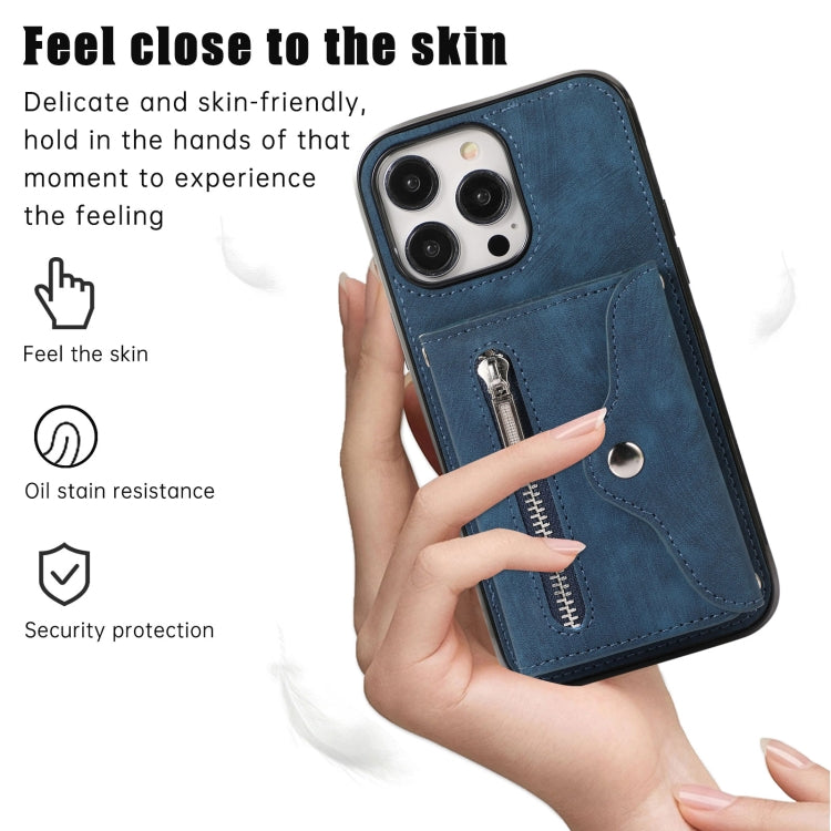 For iPhone 14 Pro Zipper RFID Card Slot Phone Case with Short Lanyard(Blue) - iPhone 14 Pro Cases by buy2fix | Online Shopping UK | buy2fix