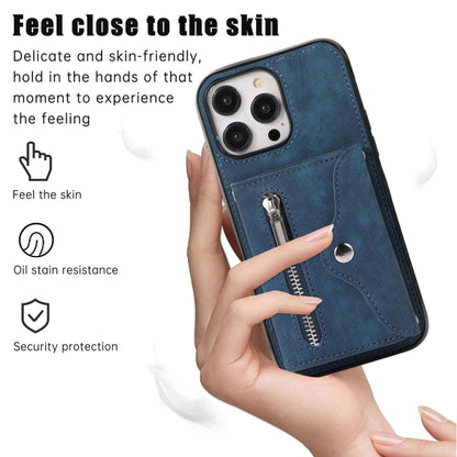 For iPhone 14 Pro Zipper RFID Card Slot Phone Case with Short Lanyard(Blue) - iPhone 14 Pro Cases by buy2fix | Online Shopping UK | buy2fix