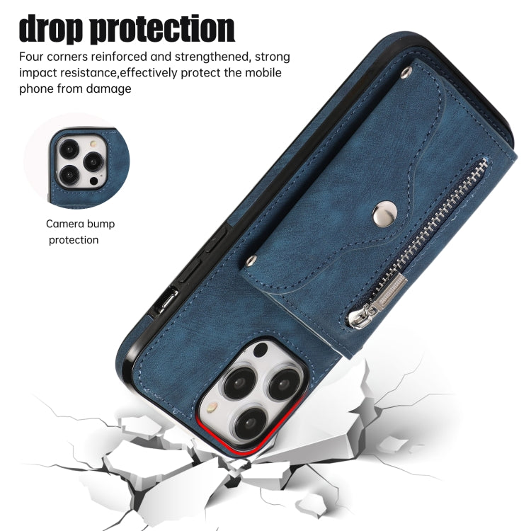 For iPhone 14 Pro Zipper RFID Card Slot Phone Case with Short Lanyard(Blue) - iPhone 14 Pro Cases by buy2fix | Online Shopping UK | buy2fix