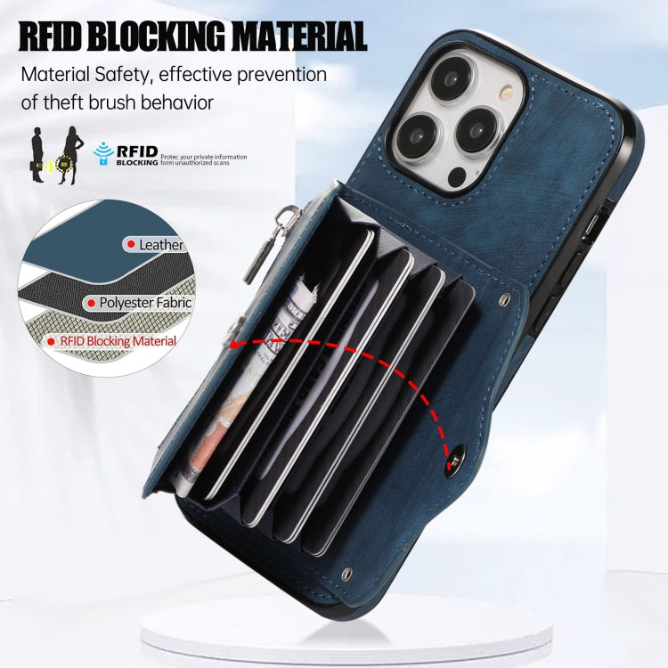 For iPhone 14 Pro Zipper RFID Card Slot Phone Case with Short Lanyard(Blue) - iPhone 14 Pro Cases by buy2fix | Online Shopping UK | buy2fix