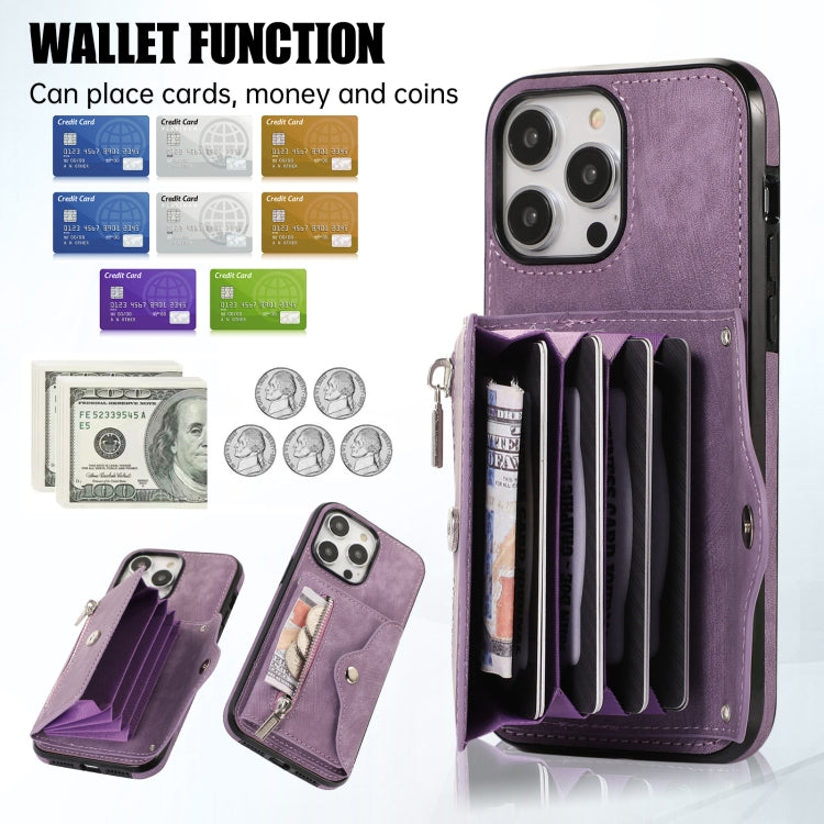 For iPhone 13 Pro Max Zipper RFID Card Slot Phone Case with Short Lanyard(Purple) - iPhone 13 Pro Max Cases by buy2fix | Online Shopping UK | buy2fix