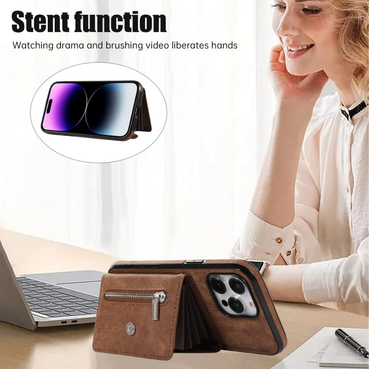 For iPhone 12 / 12 Pro Zipper RFID Card Slot Phone Case with Short Lanyard(Brown) - iPhone 12 / 12 Pro Cases by buy2fix | Online Shopping UK | buy2fix