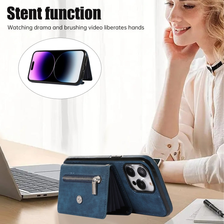 For iPhone 12 Pro Max Zipper RFID Card Slot Phone Case with Short Lanyard(Blue) - iPhone 12 Pro Max Cases by buy2fix | Online Shopping UK | buy2fix