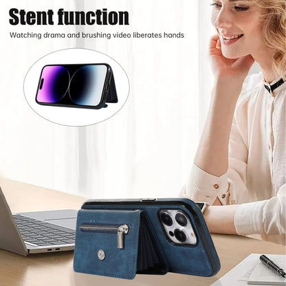 For iPhone 12 Pro Max Zipper RFID Card Slot Phone Case with Short Lanyard(Blue) - iPhone 12 Pro Max Cases by buy2fix | Online Shopping UK | buy2fix