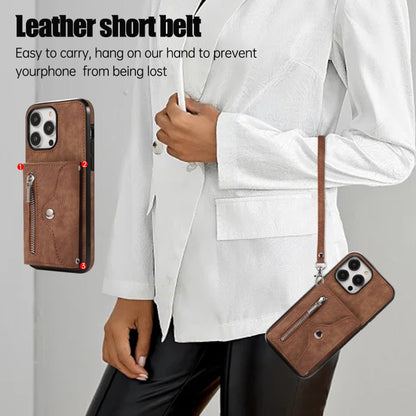 For iPhone 11 Pro Max Zipper RFID Card Slot Phone Case with Short Lanyard(Brown) - iPhone 11 Pro Max Cases by buy2fix | Online Shopping UK | buy2fix