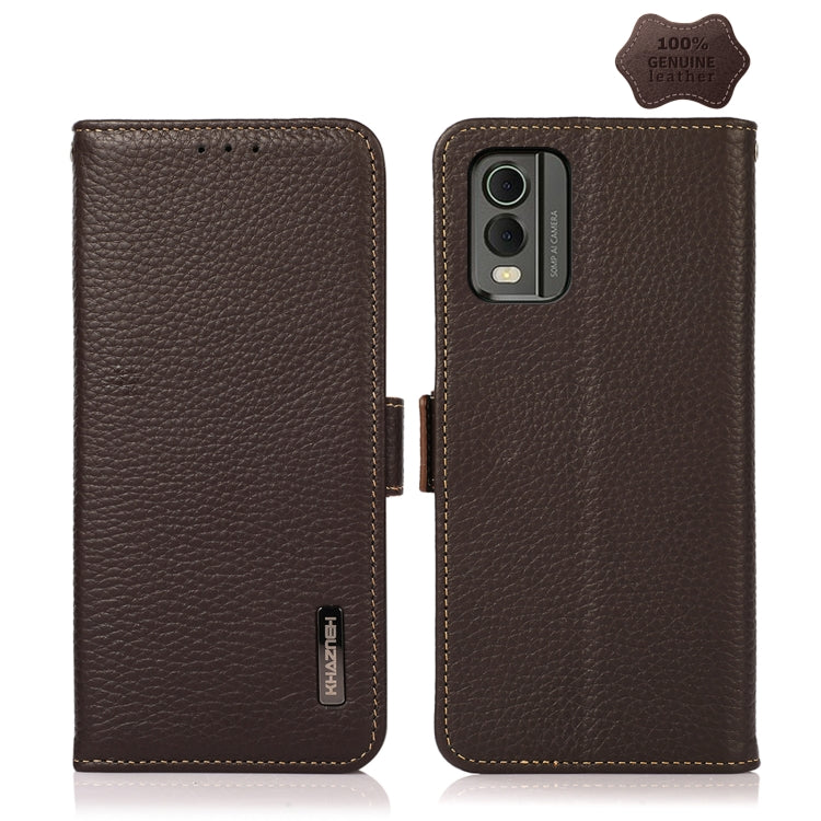 For Nokia C32 KHAZNEH Side-Magnetic Litchi Genuine Leather RFID Phone Case(Brown) - Nokia Cases by buy2fix | Online Shopping UK | buy2fix