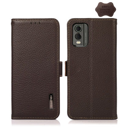 For Nokia C32 KHAZNEH Side-Magnetic Litchi Genuine Leather RFID Phone Case(Brown) - Nokia Cases by buy2fix | Online Shopping UK | buy2fix