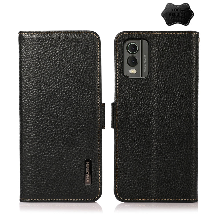For Nokia C32 KHAZNEH Side-Magnetic Litchi Genuine Leather RFID Phone Case(Black) - Nokia Cases by buy2fix | Online Shopping UK | buy2fix