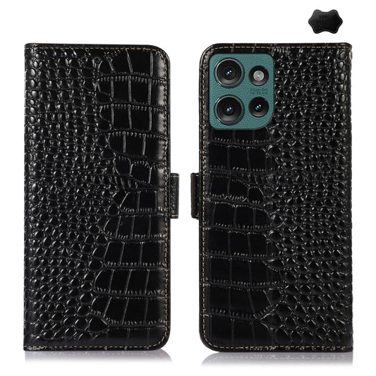For Motorola Edge 50 Neo Crocodile Top Layer Cowhide Leather Phone Case(Black) - Motorola Cases by buy2fix | Online Shopping UK | buy2fix
