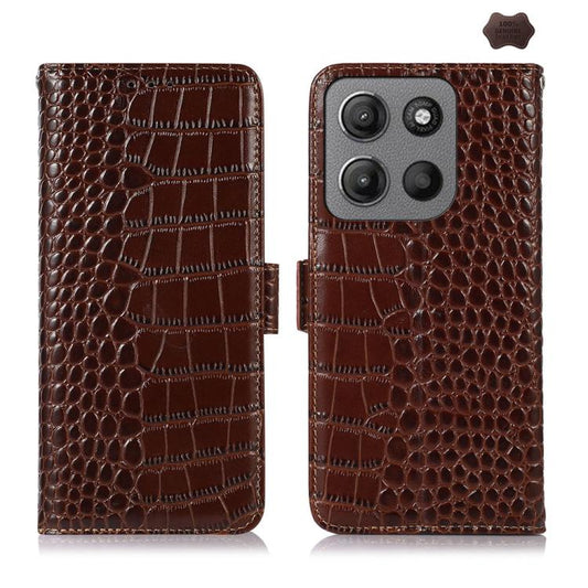 For Motorola Moto G15 4G / G05 Crocodile Top Layer Cowhide Leather Phone Case(Brown) - Motorola Cases by buy2fix | Online Shopping UK | buy2fix