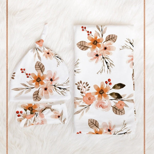 Newborn Baby Three-piece Swaddling Scarf  Cap Headband(Flower-2)