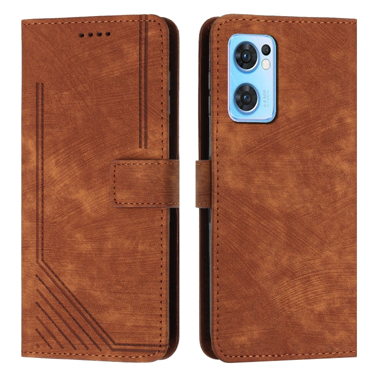 For OPPO Reno7 5G Global / Find X5 Lite Skin Feel Stripe Pattern Leather Phone Case with Lanyard(Brown) by buy2fix
