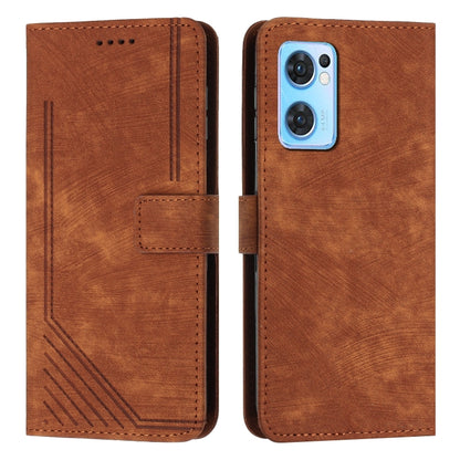 For OPPO Reno7 5G Global / Find X5 Lite Skin Feel Stripe Pattern Leather Phone Case with Lanyard(Brown) by buy2fix