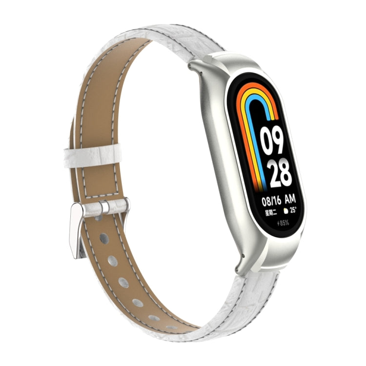For Xiaomi Mi Band 8 Integrated Metal Case + Cocodile Texture Leather Watch Band(White) - Watch Bands by buy2fix | Online Shopping UK | buy2fix