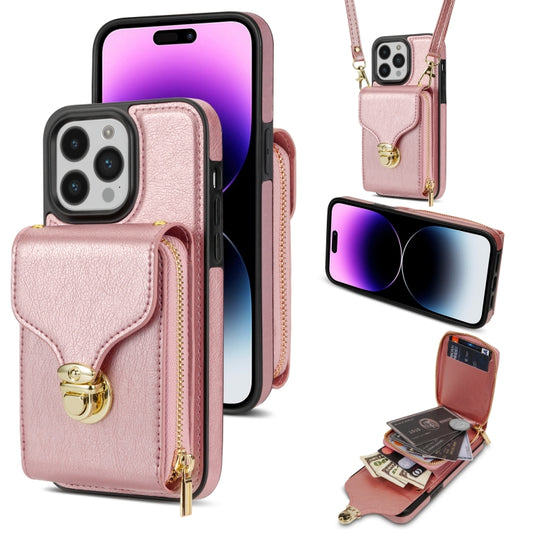 For iPhone 14 Pro Max Zipper Hardware Card Wallet Phone Case(Rose Gold) - iPhone 14 Pro Max Cases by buy2fix | Online Shopping UK | buy2fix