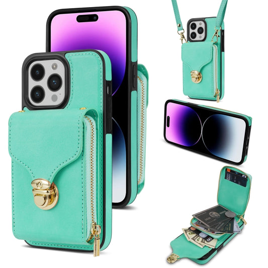 For iPhone 14 Pro Max Zipper Hardware Card Wallet Phone Case(Mint Green) - iPhone 14 Pro Max Cases by buy2fix | Online Shopping UK | buy2fix