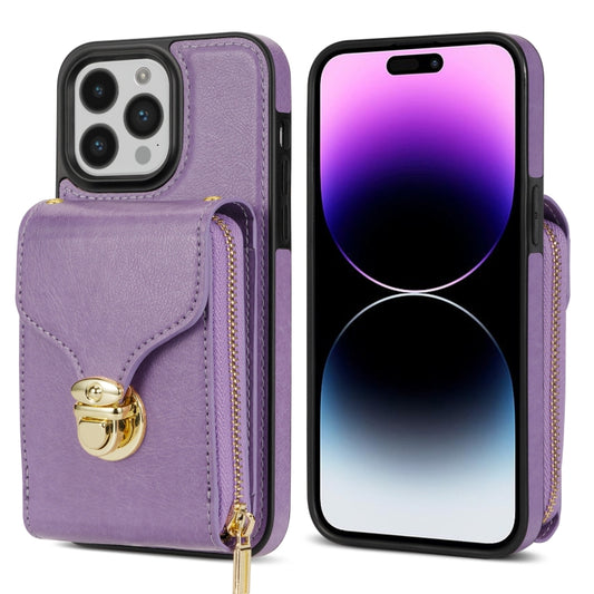 For iPhone 14 Pro Max Zipper Hardware Card Wallet Phone Case(Purple) - iPhone 14 Pro Max Cases by buy2fix | Online Shopping UK | buy2fix