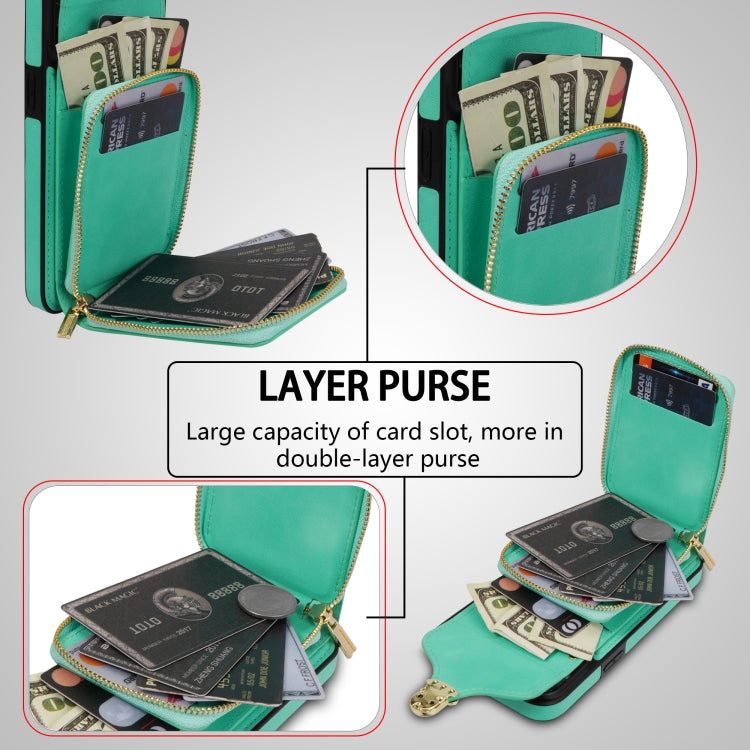 For iPhone 14 / 13 Zipper Hardware Card Wallet Phone Case(Mint Green) - iPhone 14 Cases by buy2fix | Online Shopping UK | buy2fix