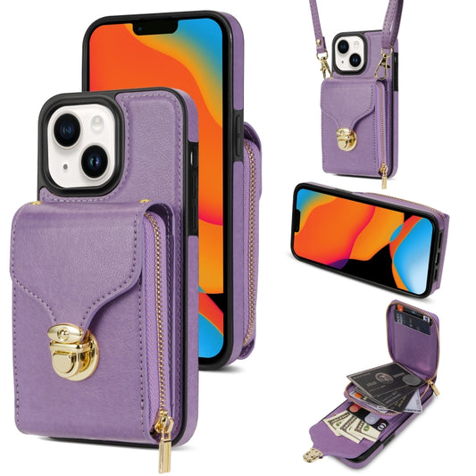 For iPhone 14 / 13 Zipper Hardware Card Wallet Phone Case(Purple) - iPhone 14 Cases by buy2fix | Online Shopping UK | buy2fix