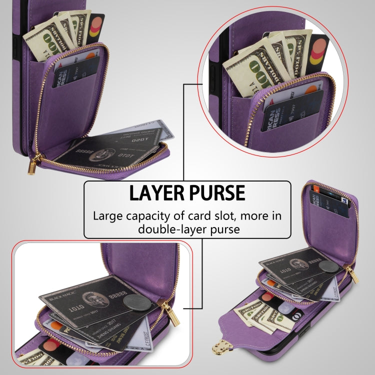 For iPhone 14 / 13 Zipper Hardware Card Wallet Phone Case(Purple) - iPhone 14 Cases by buy2fix | Online Shopping UK | buy2fix