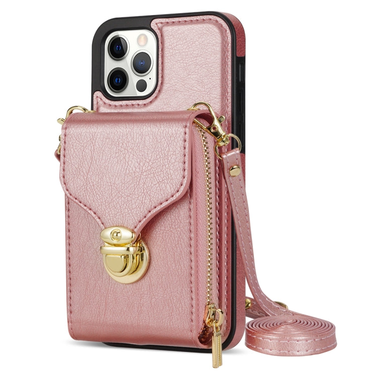 For iPhone 12 / 12 Pro Zipper Hardware Card Wallet Phone Case(Rose Gold) - iPhone 12 / 12 Pro Cases by buy2fix | Online Shopping UK | buy2fix