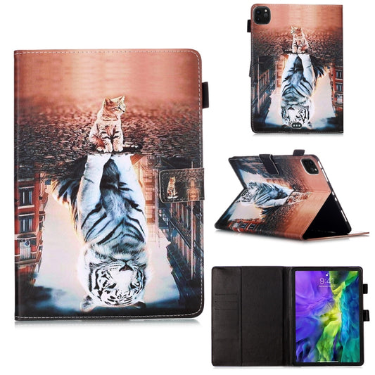For iPad Pro 11 (2020) Plain Weave Texture Colored Drawing Horizontal Flip Leather Tablet Case, with Sleep / Wake-up Function & Holder & Card Slo & Wallet(Cat Tiger) - iPad Pro 11 (2020) Cases by buy2fix | Online Shopping UK | buy2fix