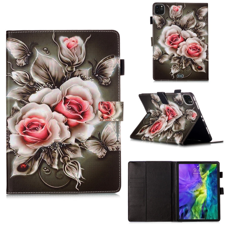 For iPad Pro 11 (2020) Plain Weave Texture Colored Drawing Horizontal Flip Leather Tablet Case, with Sleep / Wake-up Function & Holder & Card Slo & Wallet(Rose On Black) - iPad Pro 11 (2020) Cases by buy2fix | Online Shopping UK | buy2fix