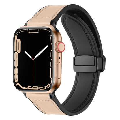 Magnetic Folding Silicone Leather Watch Band For Apple Watch Ultra 49mm&Watch Ultra 2 49mm / Series 9&8&7 45mm / SE 3&SE 2&6&SE&5&4 44mm / 3&2&1 42mm (Apricot) by buy2fix